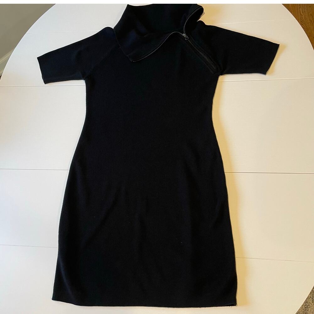Calvin Klein Sweater Dress M Short Sleeve Diagonal Zippered Cowl Neck Black Chic - Picture 6 of 9